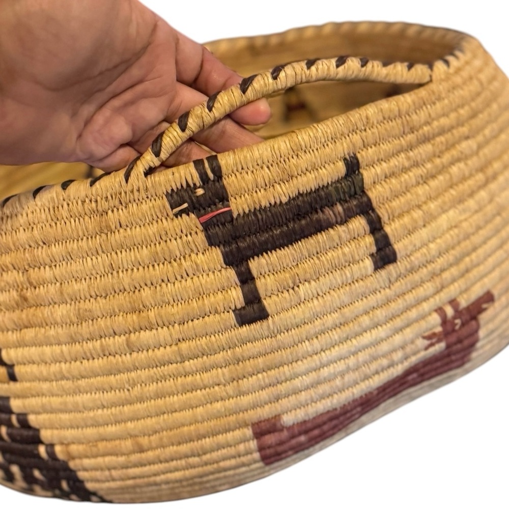 Hopi Pueblo Second Mesa Pictorial Deep Basket VTG Katsina face horses - Picture 15 of 15